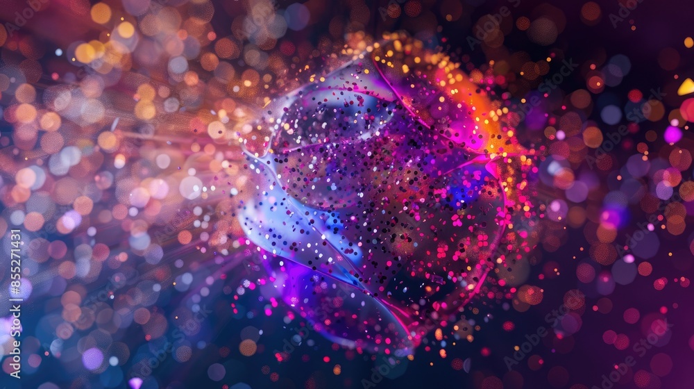 Poster the image is an abstract sphere with a glowing light in the center. the sphere is made up of many ti