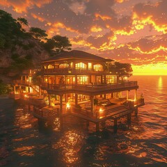Fototapeta premium Sunset Hut on Water