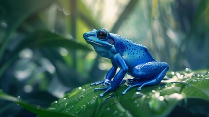 Obraz premium Blue frog sits on green leaf in vibrant rainforest. The frog's color is striking against the lush, wet foliage. Nature's beauty in the wild.