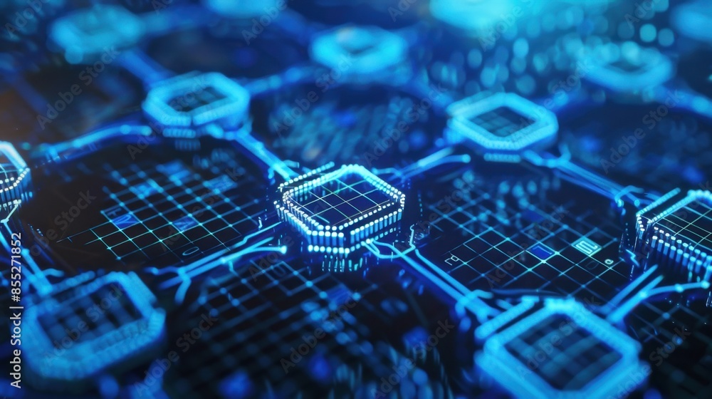 Poster a close-up of a circuit board with glowing blue lines and squares, highlighting the complexity of di