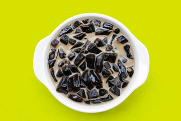 Grass jelly in milk with brown sugar, herbal dessert. Mesona chinensis