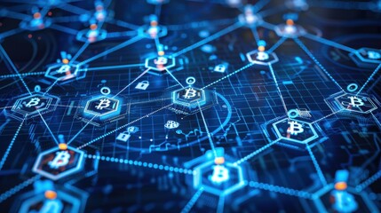 A stylized illustration of a cryptocurrency network with glowing blue lines and hexagonal Bitcoin symbols.
