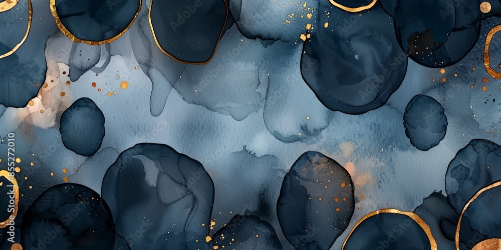 Poster a blue background with gold circles and gold spots. the circles are of different sizes and are scatt