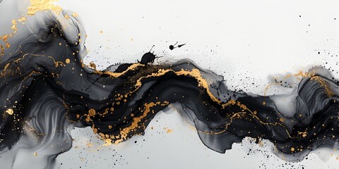 Obraz premium A black and gold swirl with gold flecks. The gold flecks are scattered throughout the swirl, creating a sense of movement and energy. The black and gold color combination creates a striking contrast