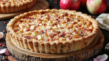   A pie sits on a wooden board beside another pie on the same board
