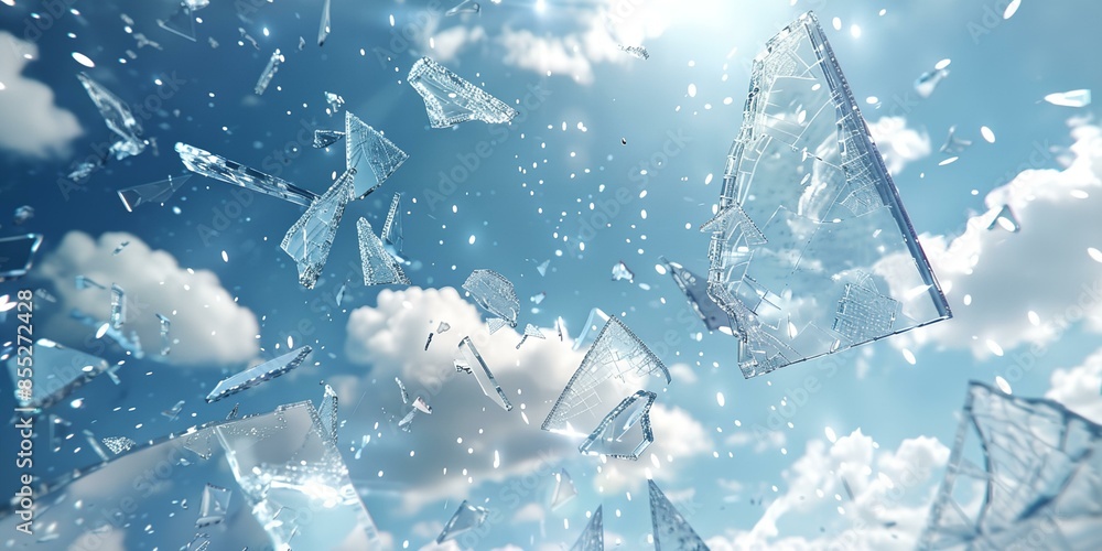 Poster a shattered glass cloud in the sky. the clouds are broken into pieces, creating a sense of chaos and