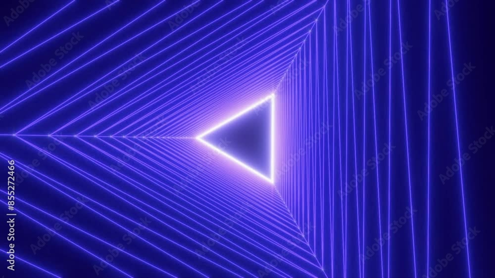 Poster neon triangles, abstract neon background, flight forward through triangular corridor. motion. appear