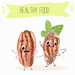 Cute pecan characters, funny nuts, with different activities, outdoor, sports, musical instrument.