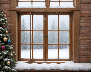 Image of snow falling outside an open double window at Christmas time design.