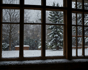 Fototapeta premium Image of snow falling outside an open double window at Christmas time design.