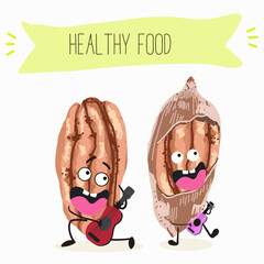 Cute pecan characters, funny nuts, with different activities, outdoor, sports, musical instrument.