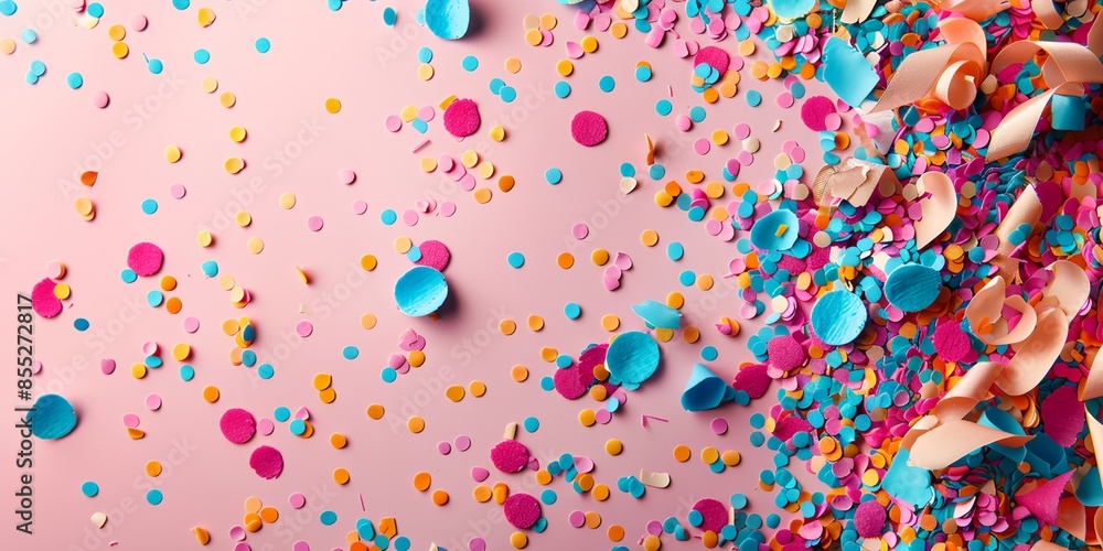 Poster a colorful background with a lot of confetti. the confetti is in different colors and sizes, and it 