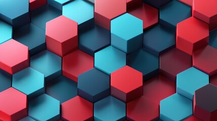 Obraz premium 3D render of a pattern composed of hexagonal columns in alternating red and blue colors with a subtle shadow