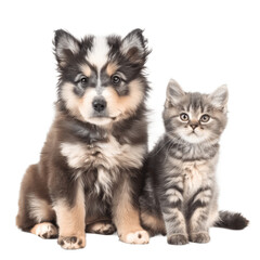 Obraz premium Adorable fluffy Pomsky dog pup sitting together with British Shorthair cat kitten Looking towards camera Isolated on transparent background PNG