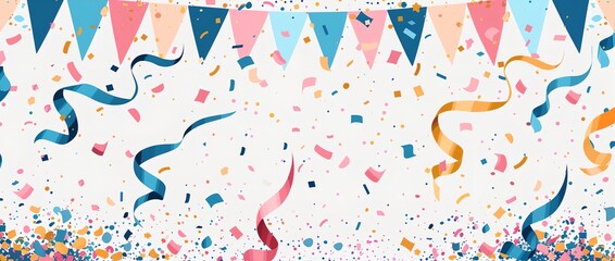 Obraz premium A banner with colorful ribbons and confetti that says 