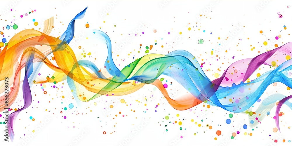 Poster a colorful wave with a rainbow of colors and a lot of dots. the dots are scattered all over the wave