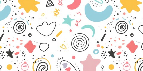 Fototapeta premium A colorful and abstract background with many shapes and stars. The image has a playful and whimsical mood