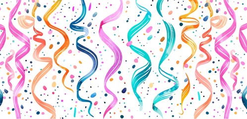 A colorful streamer pattern with a white background. The streamers are in different colors and are arranged in a way that they look like they are dancing. Scene is celebratory and festive