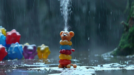 Fototapeta premium A bear perched atop a heap of gummy bears, surrounded by more in the foreground