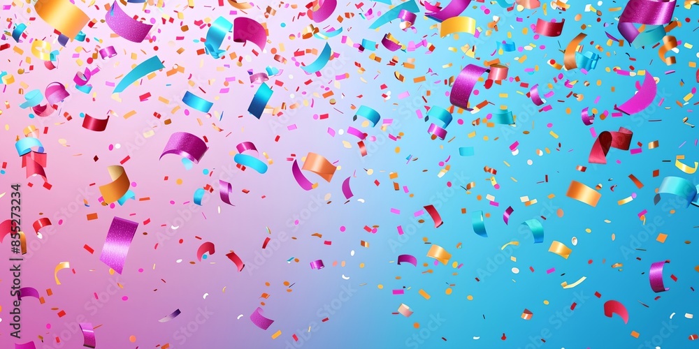 Poster a colorful explosion of confetti is falling from the sky. the confetti is in various colors and size