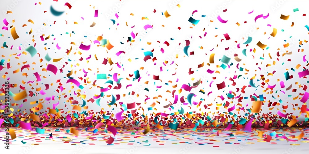 Poster a colorful explosion of confetti is falling from the sky. the confetti is in various colors and size