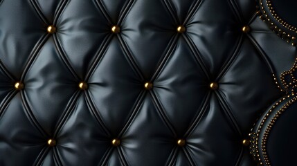 Fototapeta premium Elegant black tufted leather with golden button accents and ornamental stitching in a seamless pattern