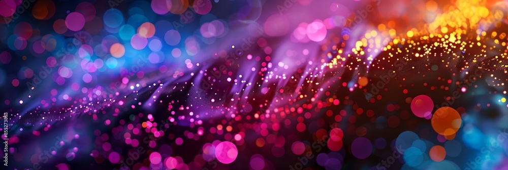 Poster a colorful, abstract image with many small, colorful dots. the dots are arranged in a way that creat