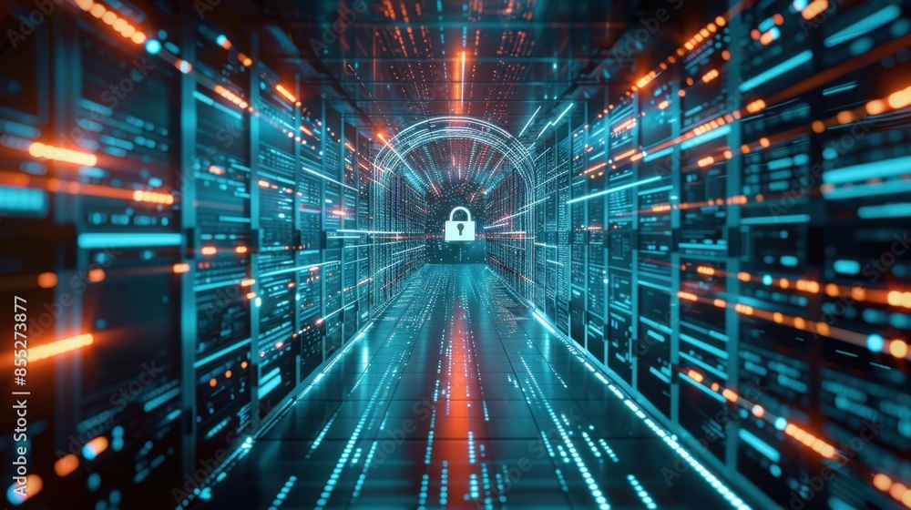 Poster a digital tunnel lined with data servers, glowing with futuristic lights, with a padlock icon at the