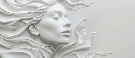 Elegant 3D rendering of a woman's face in white, symbolizing beauty and rejuvenation. Ideal for plastic surgery, skincare, and cosmetic business use. Perfect for promoting anti-aging, spa treatments