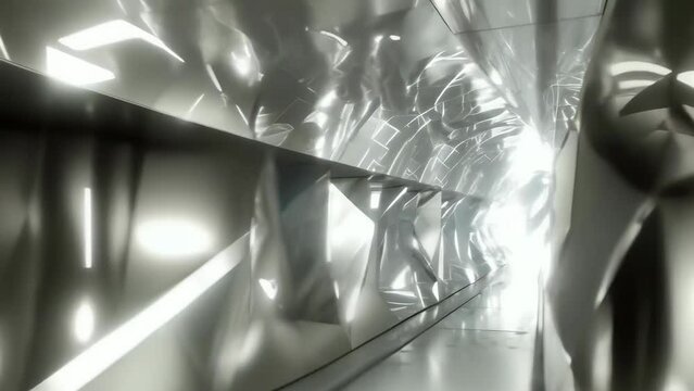 An abstract image featuring a futuristic metallic tunnel lined with geometric structures and intricate reflections, creating a sense of depth. The monochromatic color palette enhances the surreal