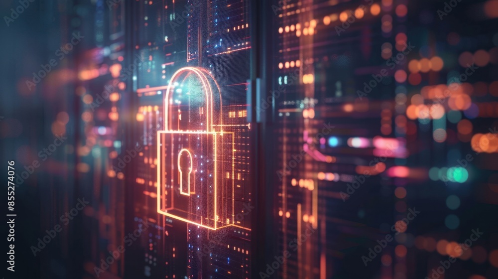 Poster a glowing padlock symbol projected onto a server rack in a data center, signifying the importance of