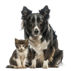 Fototapeta premium Border collie dog and kitten sit together Isolated on transparent background PNG