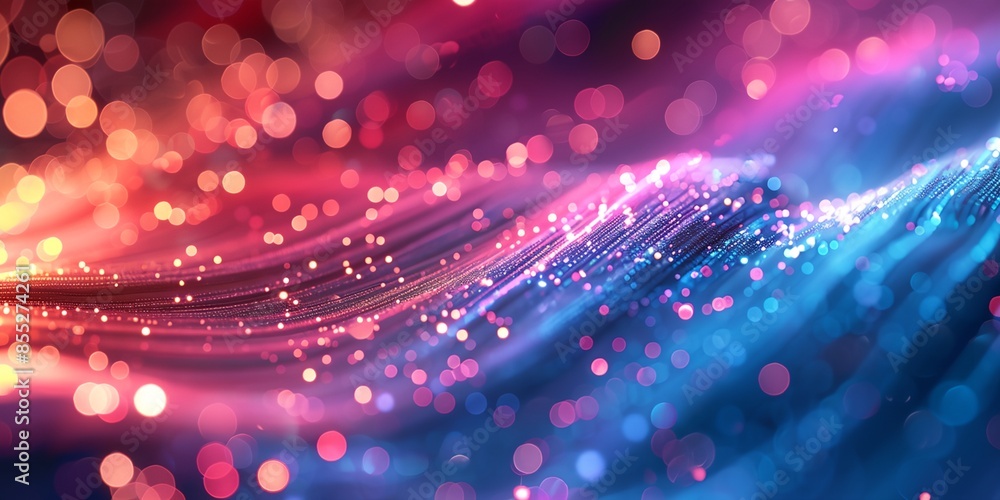 Poster a colorful wave of light with many small dots. the dots are in different colors and sizes. the image