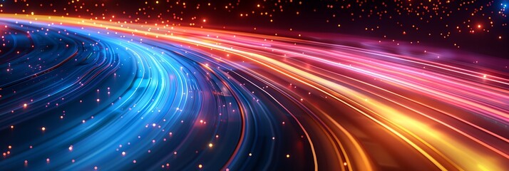 A colorful, swirling line of light with a blue and red stripe. The line is filled with small, bright dots