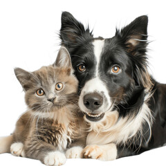 Fototapeta premium British Shorthair cat kitten and a border collie dog with happy expression together Isolated on transparent background PNG