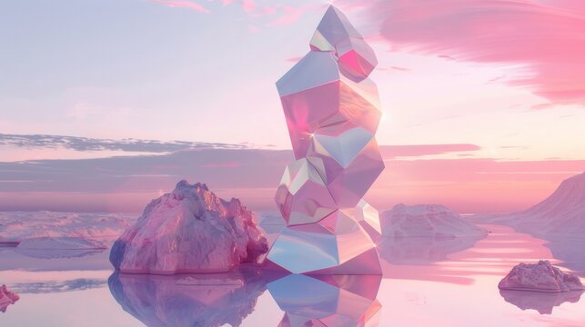 A large, metallic structure is floating in the sky above a body of water