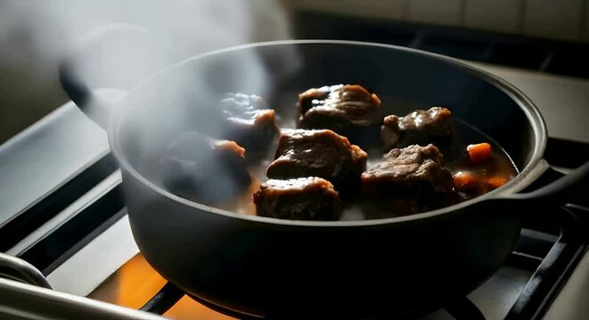 Pot of oxtail meat cooking on high flames bubbling gravy on a stove close up in a kitchen, 4K video