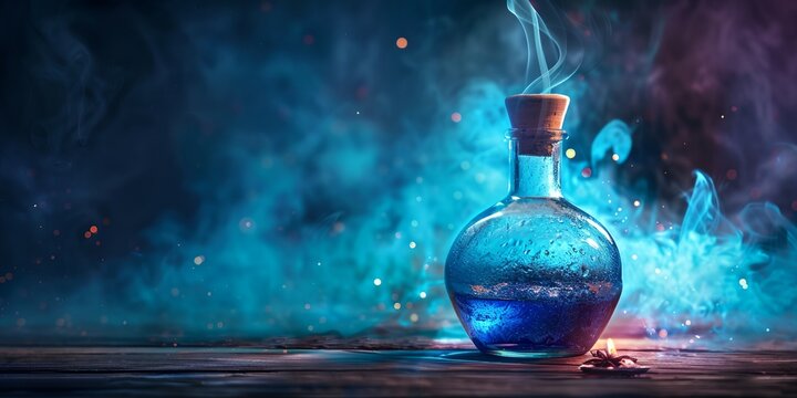 magic potion bottle with blue liquid inside of it on a table with smoke around on blue background.