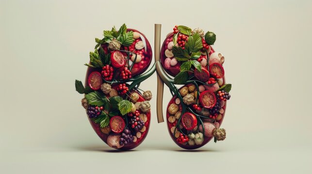 A creative 3D image of kidneys made from various fruits and vegetables, highlighting the importance of a healthy diet for kidney health. Suitable for medical and dietary publications.