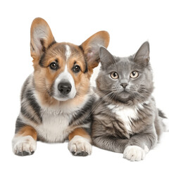 Obraz premium Cat and dog together panting Puppy Welsh Corgi looking at camera and proud grey cat Isolated on transparent background PNG