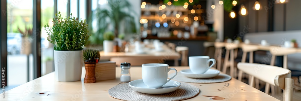 Poster table with two cups and a plate on it with a plant in the background