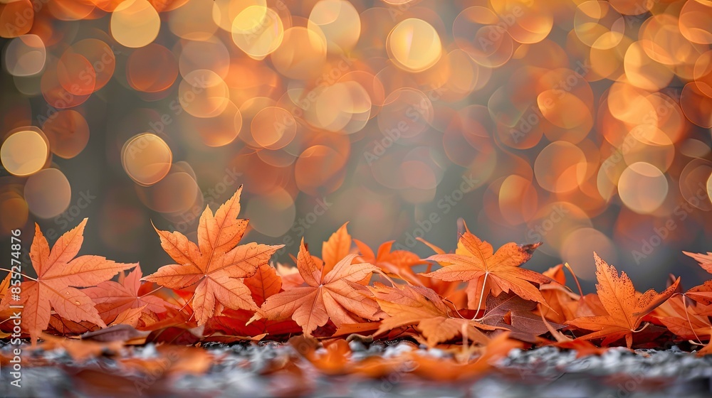 Poster orange maple leaves on the ground with a bokeh effect defocused background