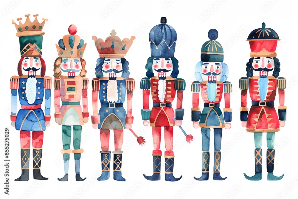 Poster a group of nutcrackers standing next to each other in different colors and sizes