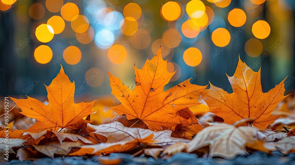 Poster orange maple leaves on the ground with a bokeh effect defocused background