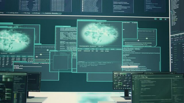 High tech governmental cyber security room without staff at work. Preventing cyber threats, phishing attacks and data breaches with advanced network security and digital protection. Camera B.