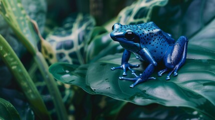 Vibrant blue frog sits on lush green leaf in tropical rainforest. Stunning image reveals beauty of exotic wildlife in natural habitats. Vibrant wildlife.