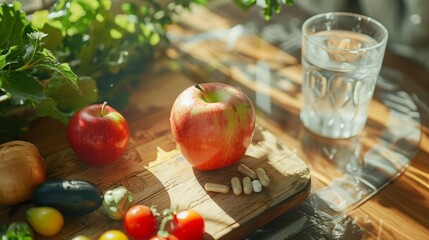 Fresh apples, vegetables, and vitamins on wooden table with glass of water in sunlight. Health and nutrition concept for a balanced lifestyle.