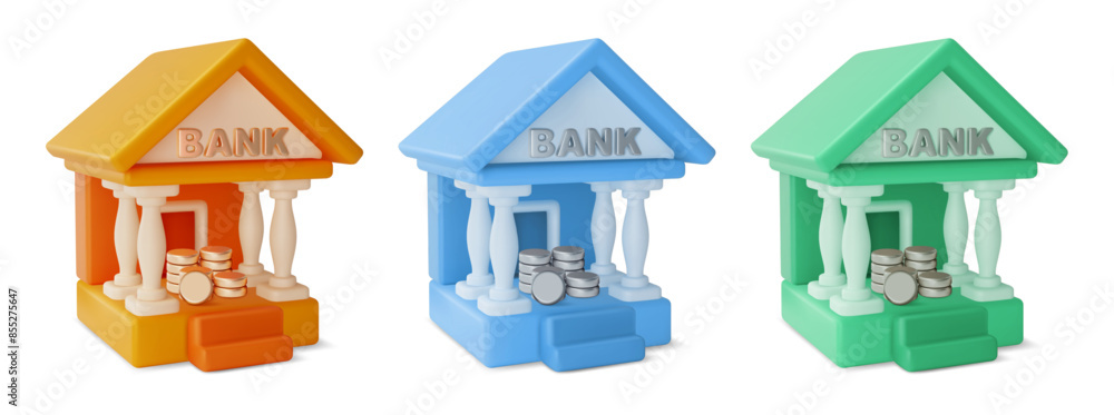 Poster 3d bank building with gold coins different color set cartoon design style. vector illustration of ar
