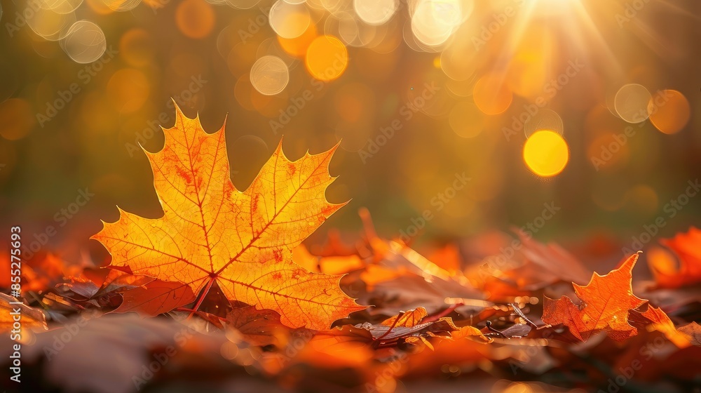 Poster orange maple leaves on the ground with a bokeh effect defocused background