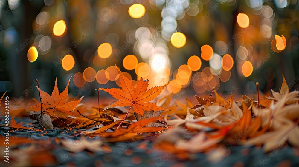 Poster orange maple leaves on the ground with a bokeh effect defocused background